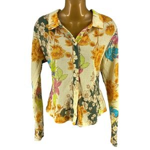GUESS Yellow Floral Button Up Shirt L Long Sleeve Collared Stretch Relaxed Fit